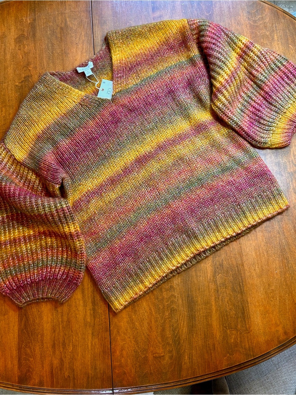 Chelsea & Violet Multicolor Striped V-Neck Sweater in Rust, Gold & Olive Green